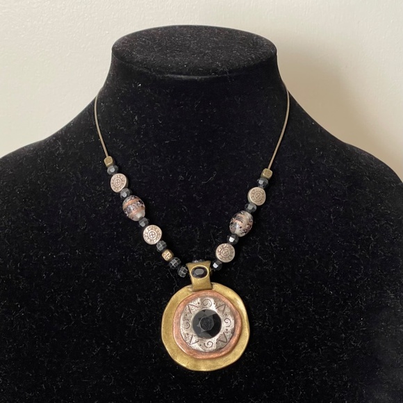 Chico’s necklace Medallion pendant  abstract art.  Art glass, rhinestone, metal - Picture 2 of 4